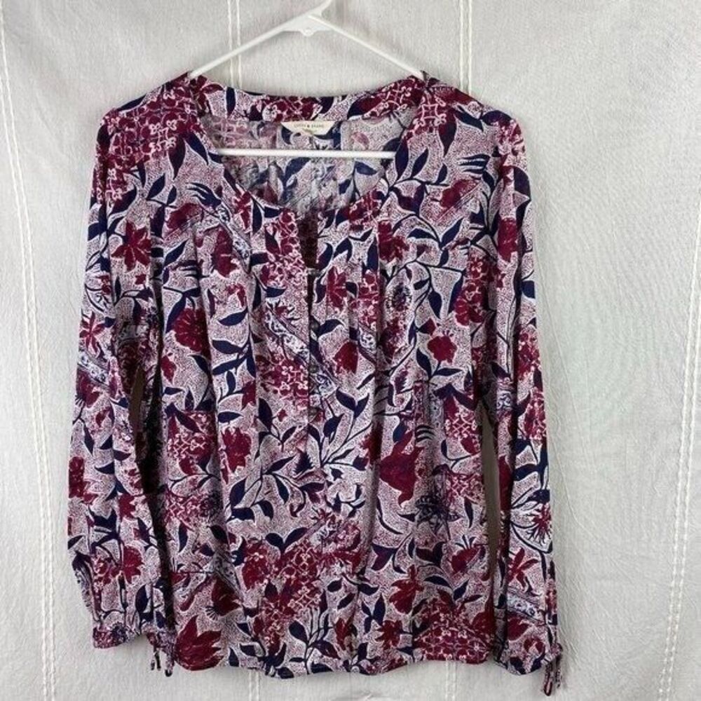Lucky Brand Womens Floral‎ Print Peasant Blouse Red Blue White Sz Small